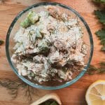 homemade summer chicken salad in a glass bowl
